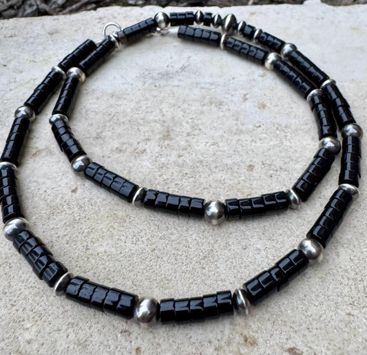 Navajo Pearl Black Onyx Necklace, Sterling Silver Gemstone Beaded Choker, Authentic Navajo Pearl Necklace, Necklace Jewelry Gift