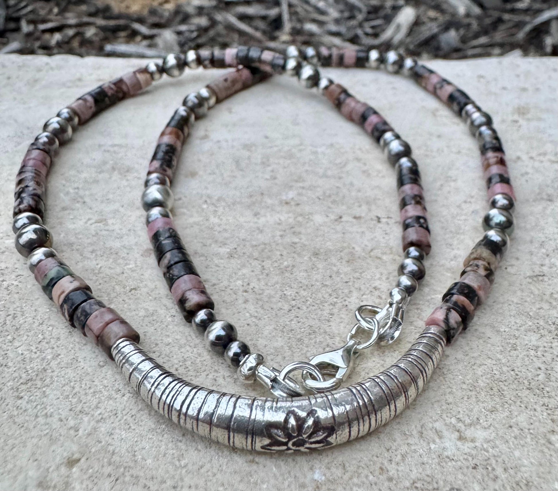 Navajo Pearl and Black Pink Rhodonite Necklace, Beaded Sterling Silver Necklace, Authentic Navajo Pearl Necklace Jewelry
