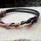 Braided leather bracelet with antique copper color wire wrap style cuff, brown or black leather option