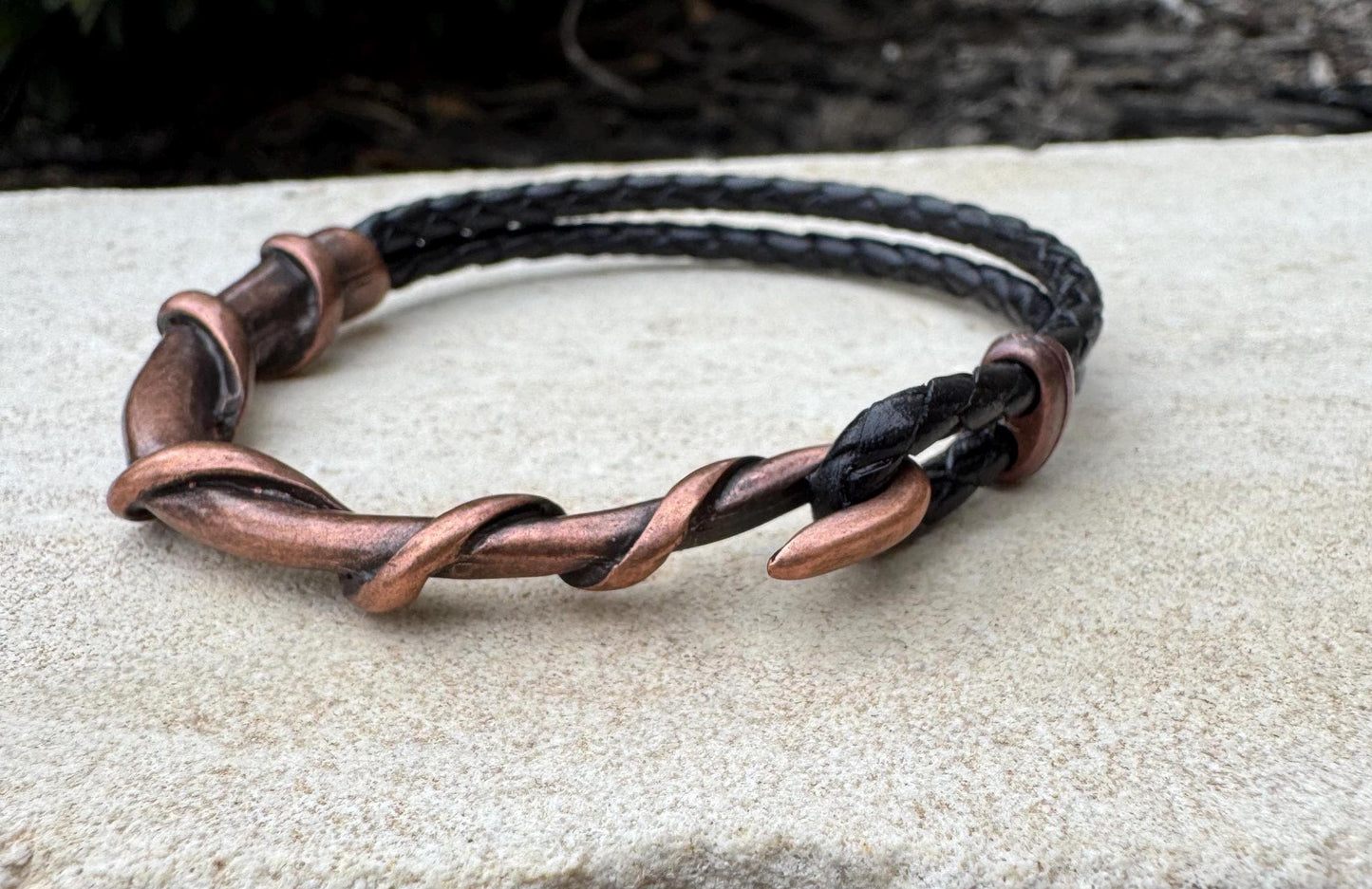 Braided leather bracelet with antique copper color wire wrap style cuff, brown or black leather option