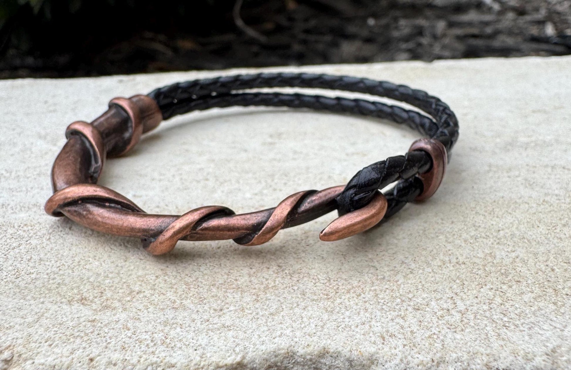 Braided leather bracelet with antique copper color wire wrap style cuff, brown or black leather option