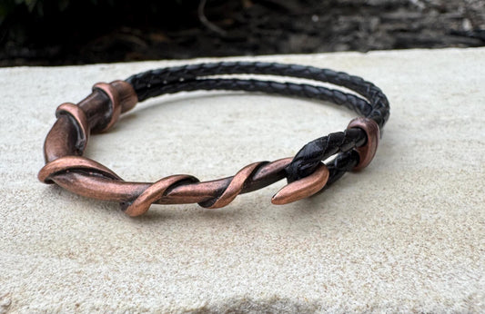 Braided leather bracelet with antique copper color wire wrap style cuff, brown or black leather option