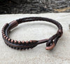 Leather bracelet with antique copper color cuff, dark brown or black leather option