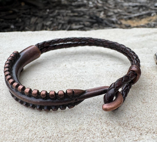 Leather bracelet with antique copper color cuff, dark brown or black leather option