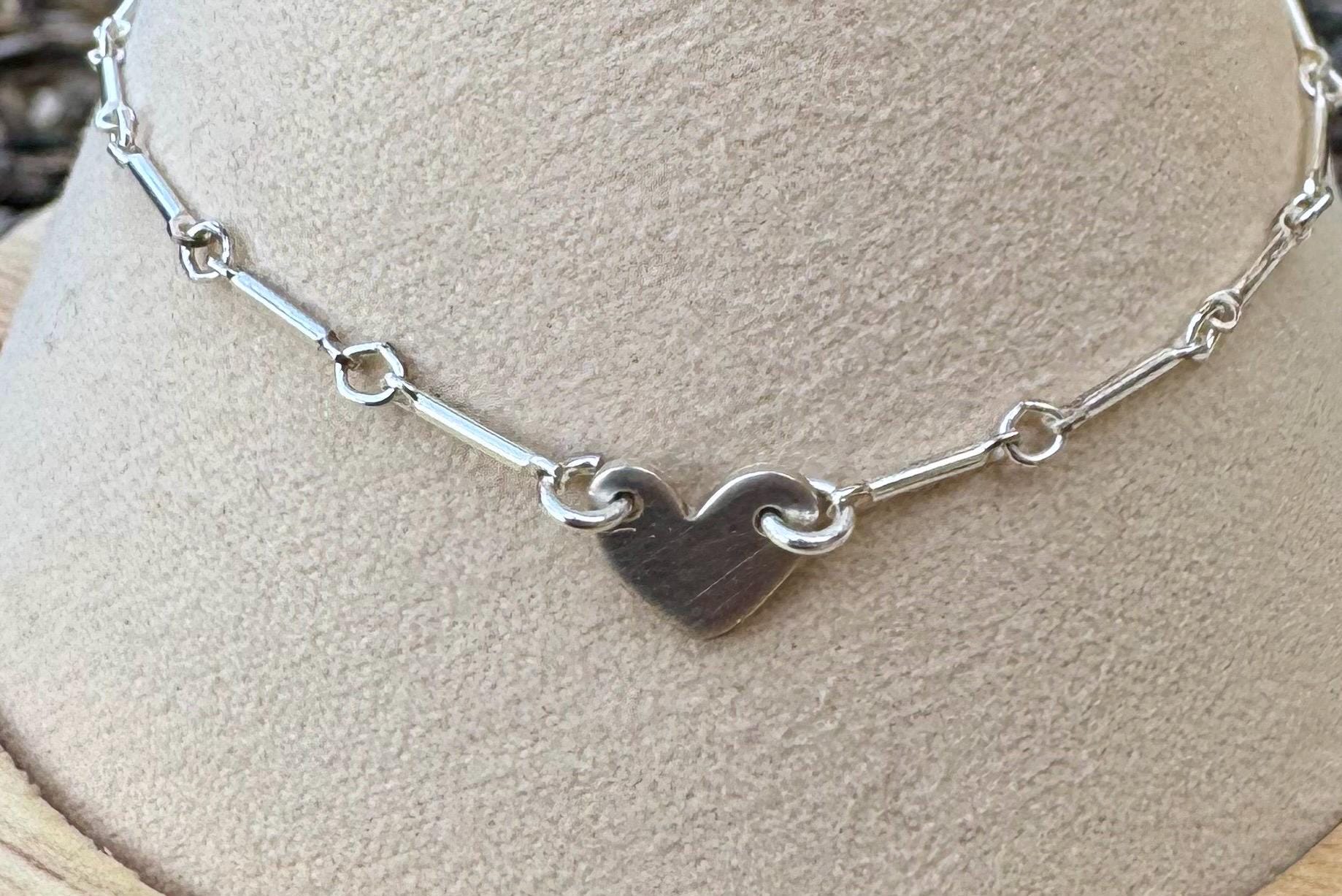 Sterling silver ankle bracelet with tiny heart connector, monogram charm ankle bracelet