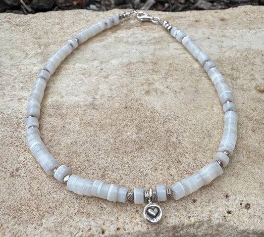 Mother of pearl sterling silver ankle bracelet with heart charm / ankle bracelet
