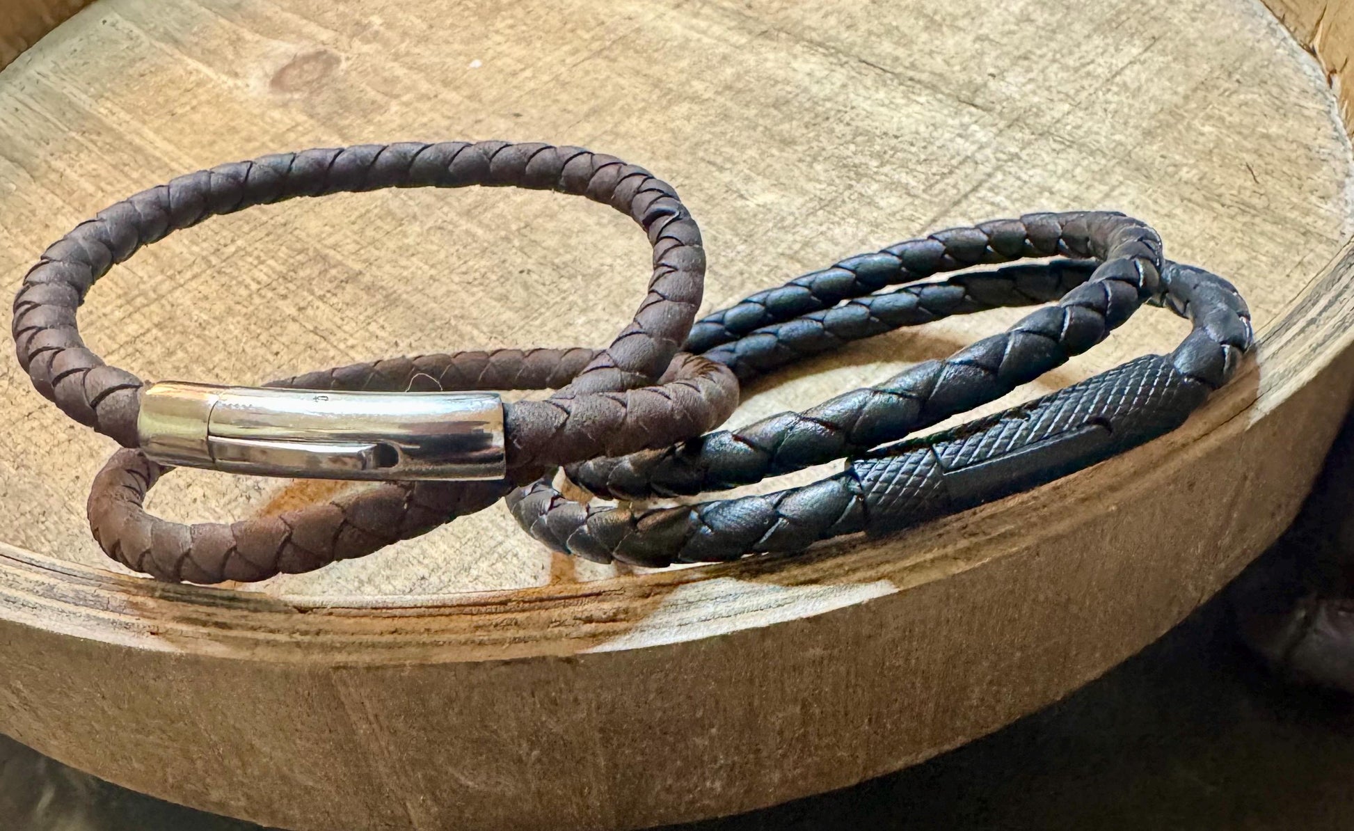 Braided leather wrap bracelet with bayonet closure/ double wrap genuine leather bracelet