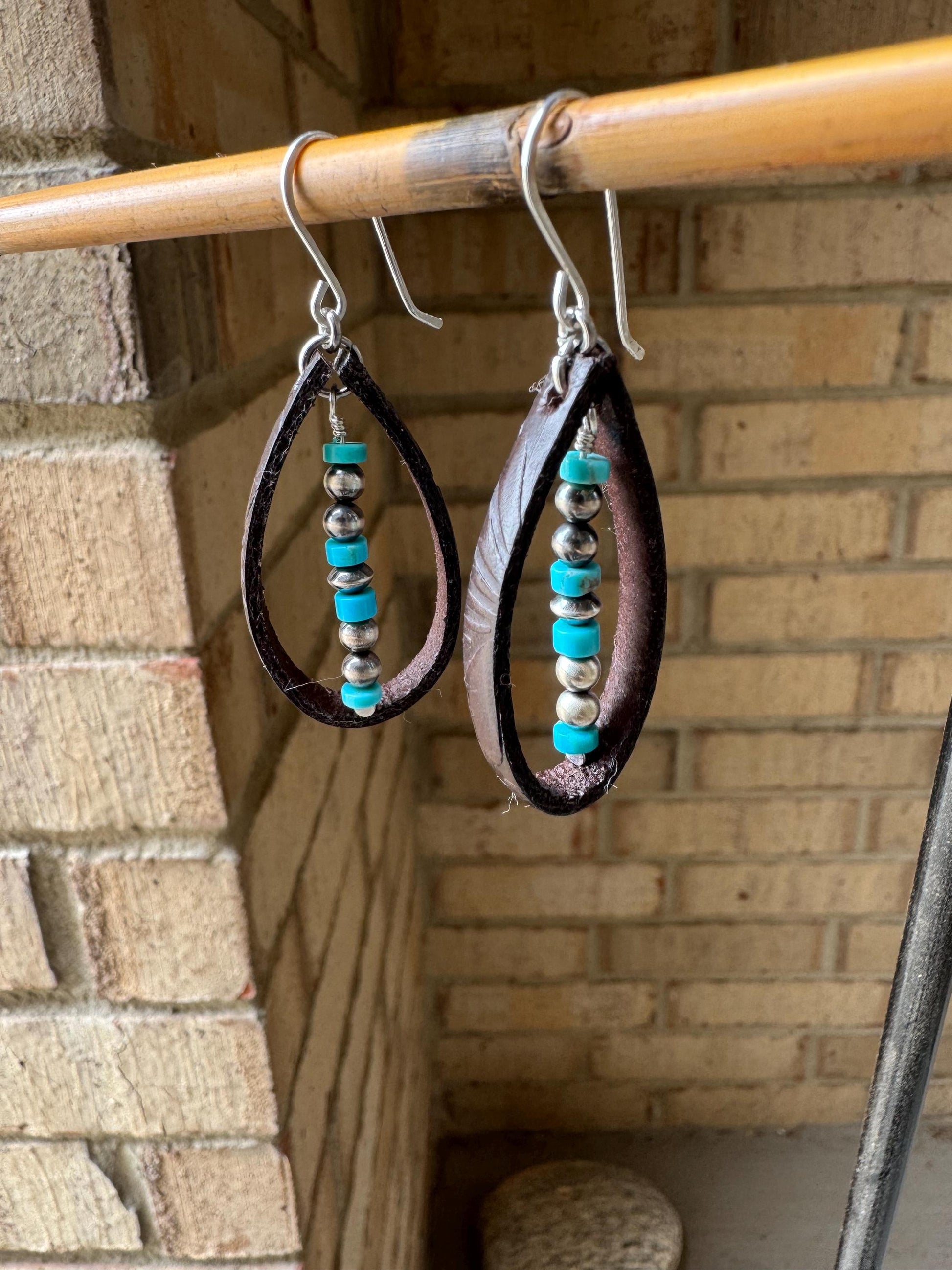 Navajo pearl and turquoise leather earrings teardrop style / leather earrings
