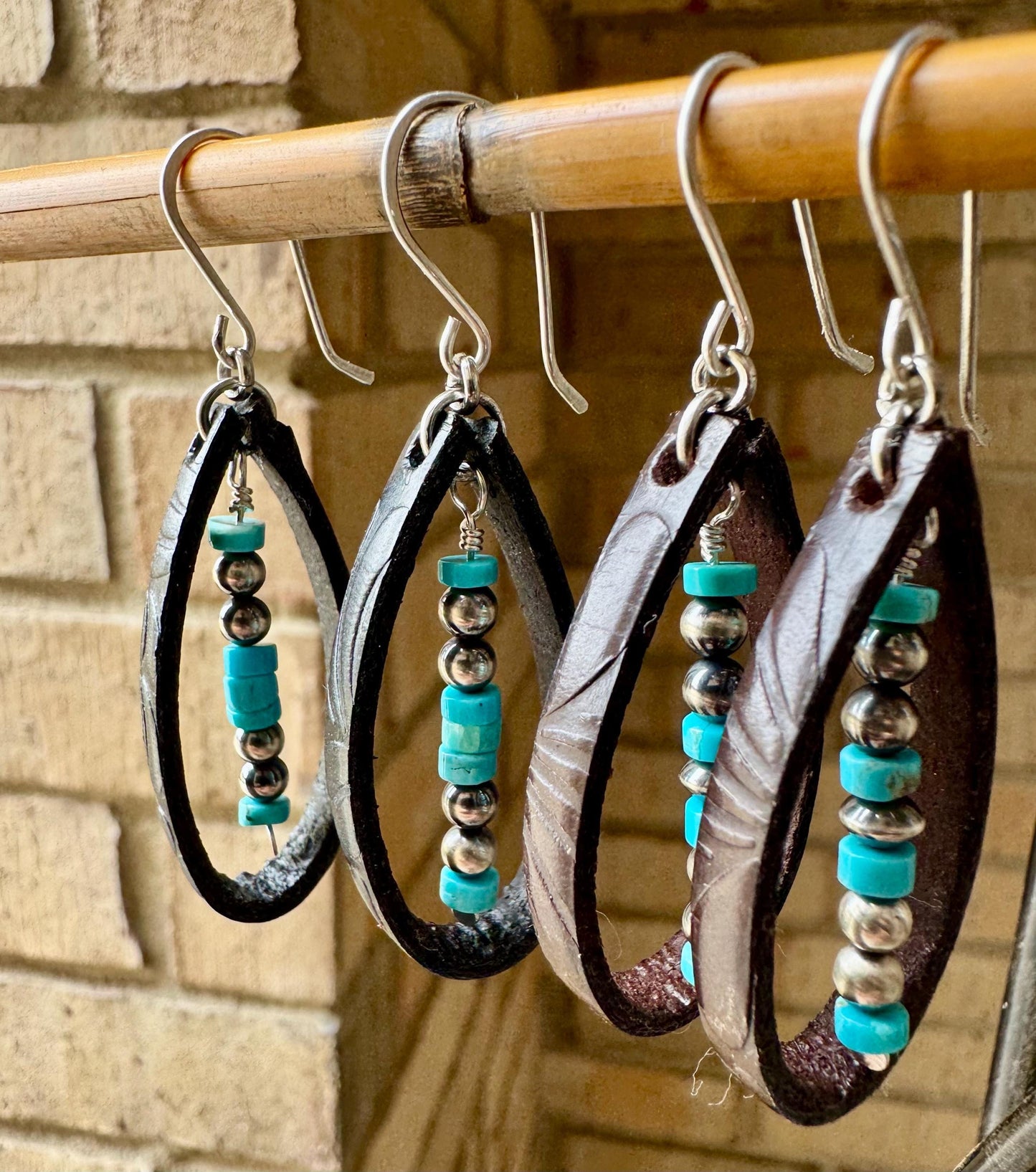 Navajo pearl and turquoise leather earrings teardrop style / leather earrings