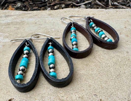 Navajo pearl and turquoise leather earrings teardrop style / leather earrings