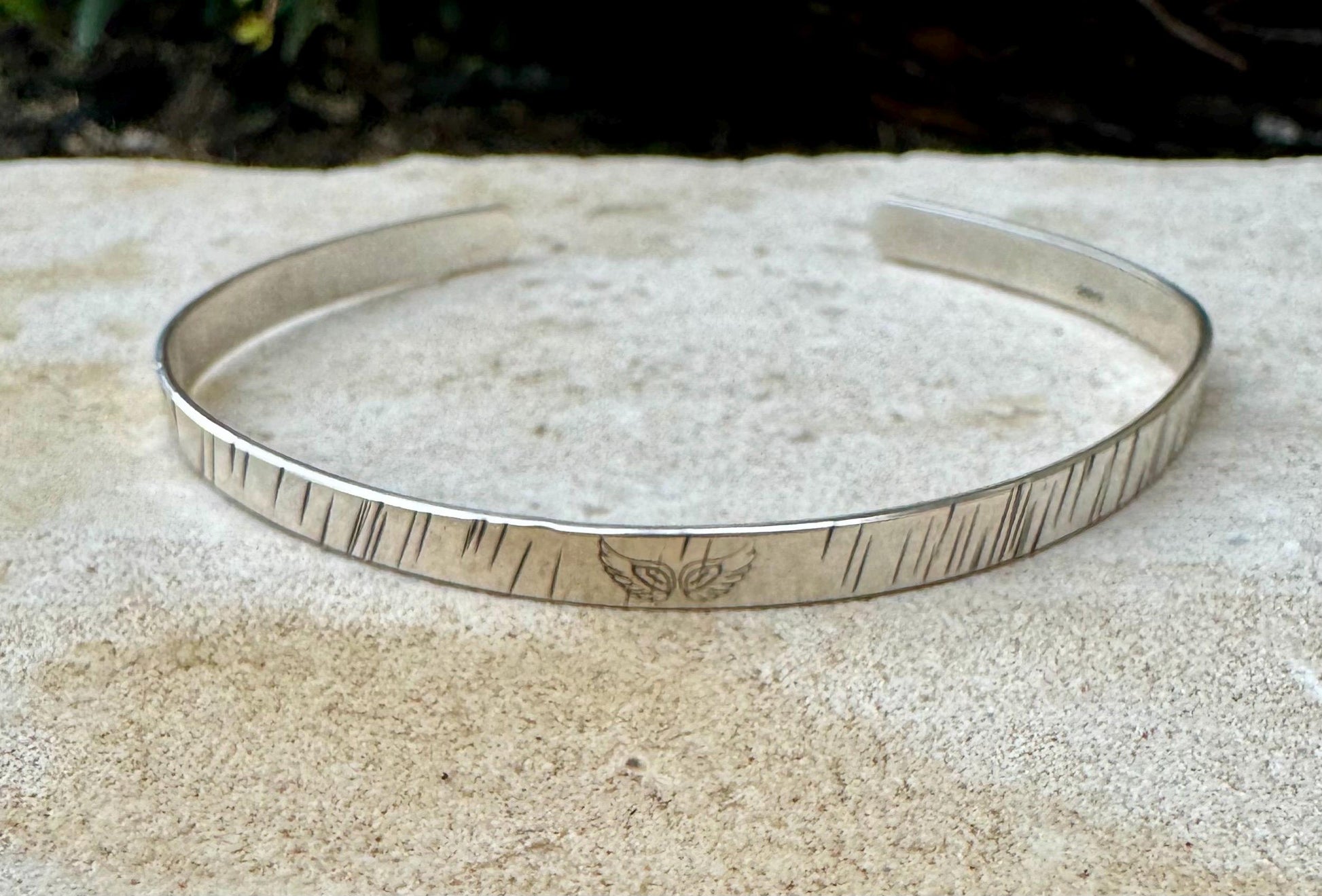 Angel wing stamped sterling silver hammered cuff bracelet