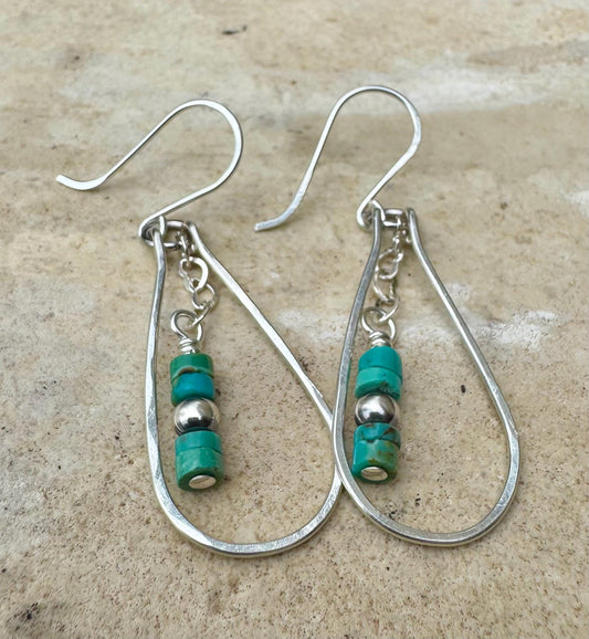 Turquoise and Navajo pearl dangle teardrop style, sterling silver heart chain earrings / turquoise earrings