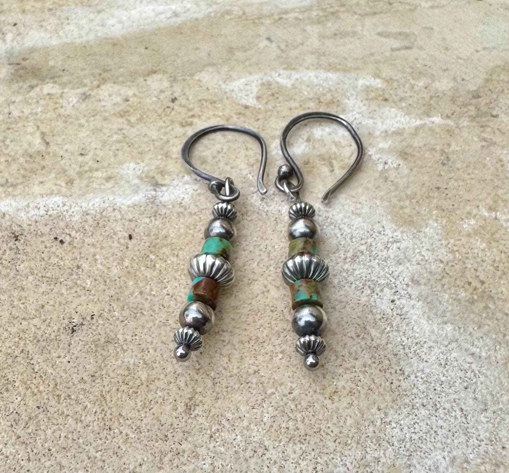 Sterling silver drop / dangle earrings with Navajo pearl and turquoise / turquoise earrings