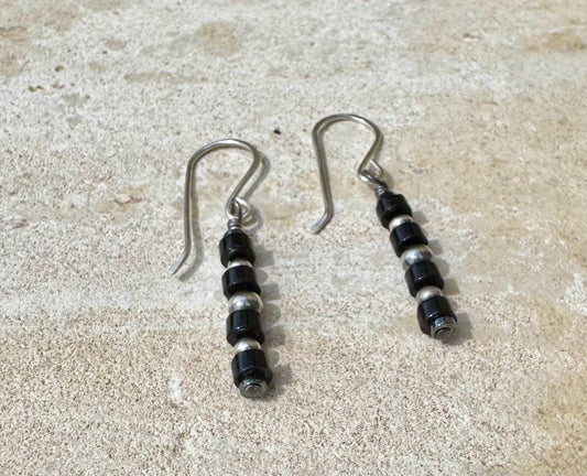 Navajo pearls with hematite and black onyx dangle drop earrings / tiny sterling silver drop earrings
