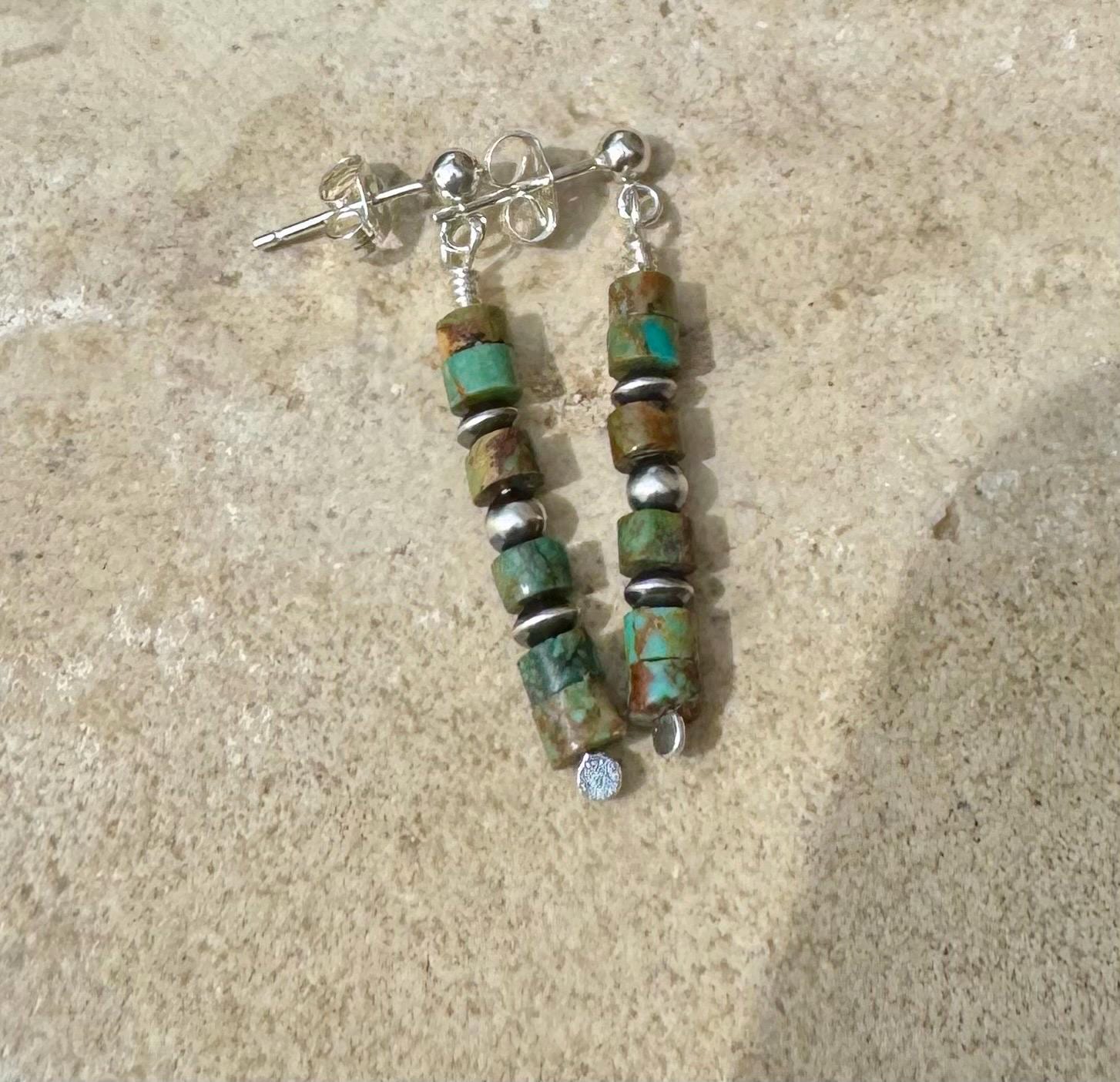 Navajo pearls with turquoise dangle drop post earrings / tiny sterling silver drop earrings