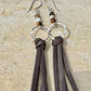 Leather earrings with sterling circle and petrified wood gemstone dangle / genuine leather earrings