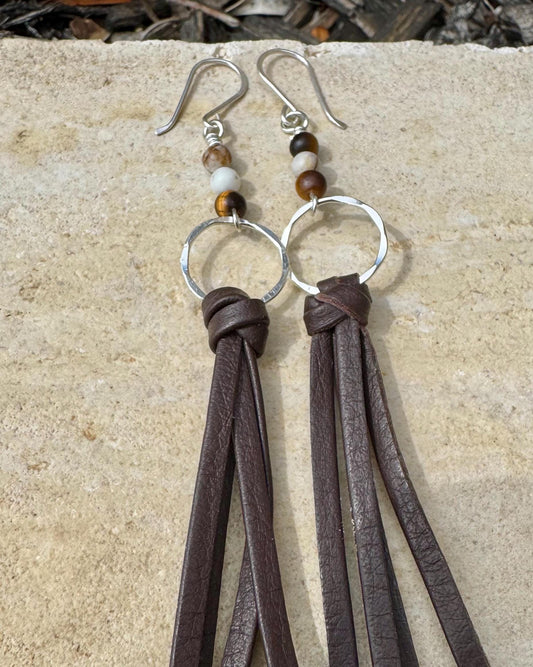 Leather earrings with sterling circle and petrified wood gemstone dangle / genuine leather earrings