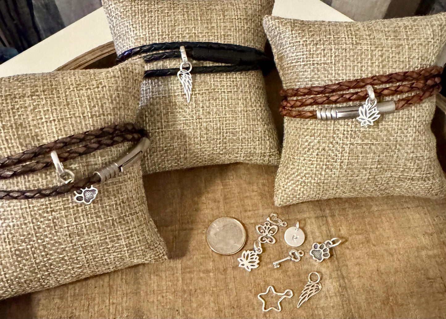 Custom Leather Bracelet Bayonet Closure, Braided Leather Charm Bracelet, Triple Wrap Leather Bracelet, Personalized Jewelry, Unique Gift