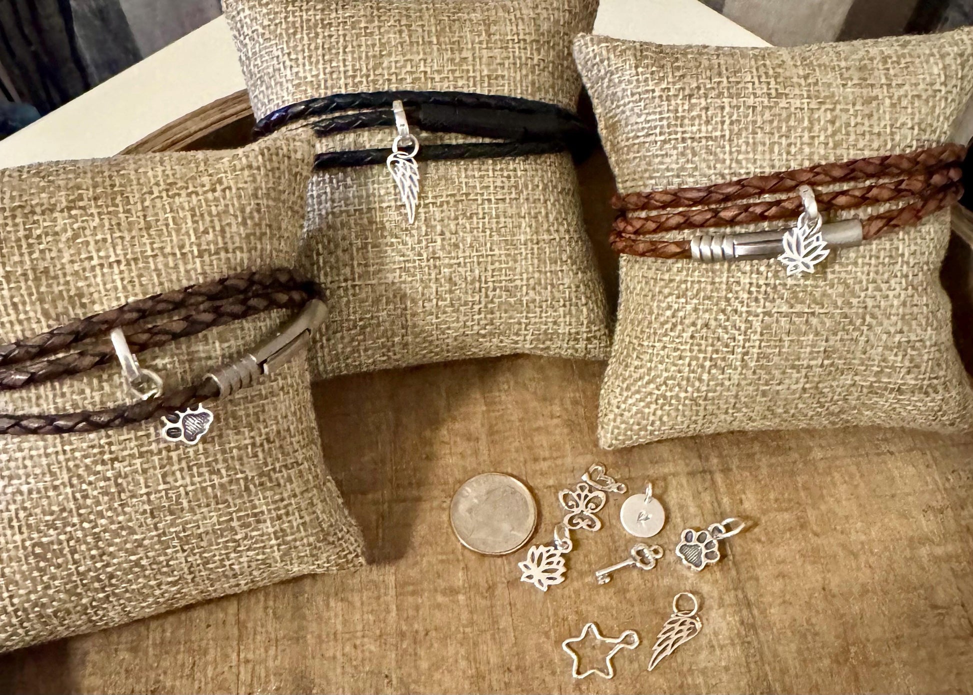 Custom Leather Bracelet Bayonet Closure, Braided Leather Charm Bracelet, Triple Wrap Leather Bracelet, Personalized Jewelry, Unique Gift