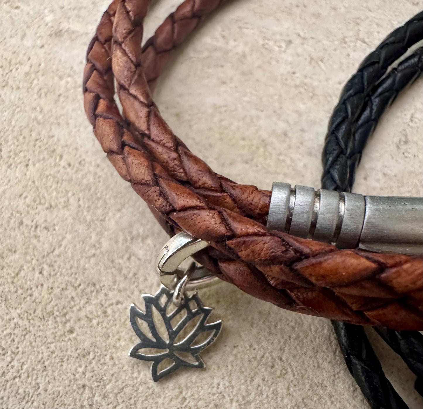 Custom Leather Bracelet Bayonet Closure, Braided Leather Charm Bracelet, Triple Wrap Leather Bracelet, Personalized Jewelry, Unique Gift