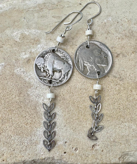 Indian head buffalo nickel earrings with chain and white turquoise gemstone / coin earrings
