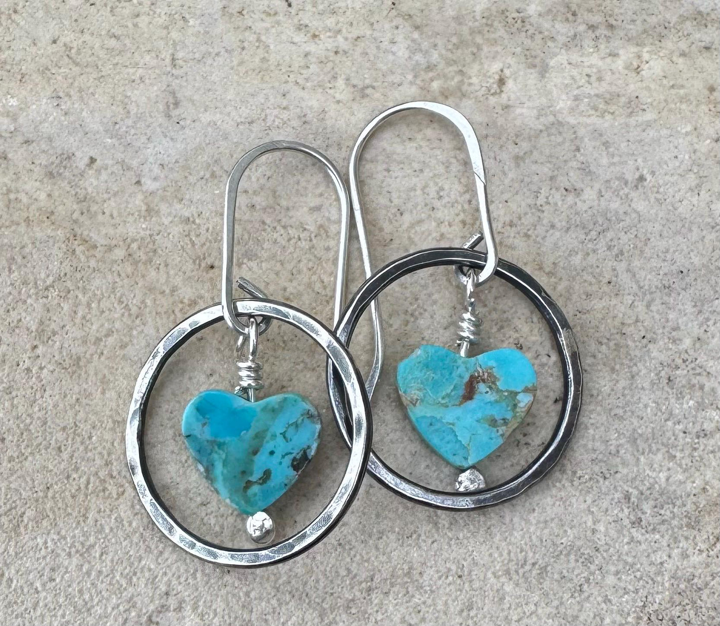 Kingman turquoise heart shaped gemstone earrings with sterling silver oxidized hammered circles / turquoise earrings