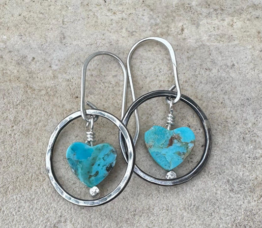Kingman turquoise heart shaped gemstone earrings with sterling silver oxidized hammered circles / turquoise earrings