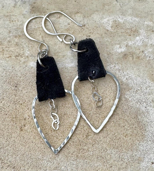 Leather earrings teardrop style with heart chain dangle earrings / genuine leather earrings