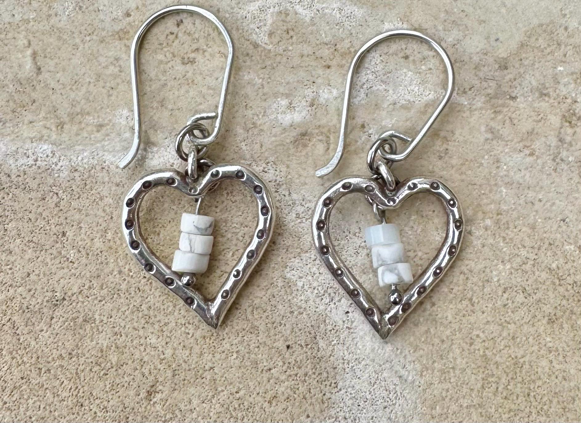 Silver Heart Dangle Earrings, White Howlite Stone, Gemstone Earrings, Sterling Silver Jewelry, Perfect Gift for Her