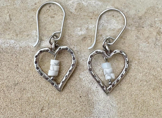 Silver Heart Dangle Earrings, White Howlite Stone, Gemstone Earrings, Sterling Silver Jewelry, Perfect Gift for Her