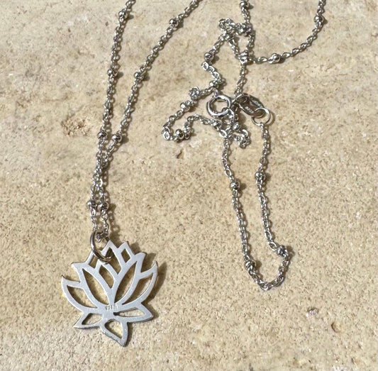 Sterling silver satellite chain necklace with delicate lotus flower pendant / charm