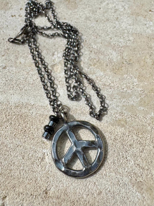 Peace Pendant Necklace, Black Onyx Charm with Hematite Accent, Peace Charm, Onyx Necklace, Peace Necklace, Gift Idea