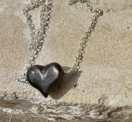 Obsidian gemstone puffy heart necklace