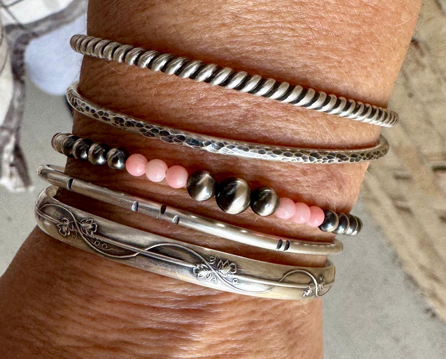 Navajo pearl with angel skin pink coral gemstone bracelet / sterling silver beaded gemstone bracelet