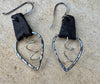 Leather earrings, teardrop hammered style, with sterling spiral dangle / genuine leather earrings