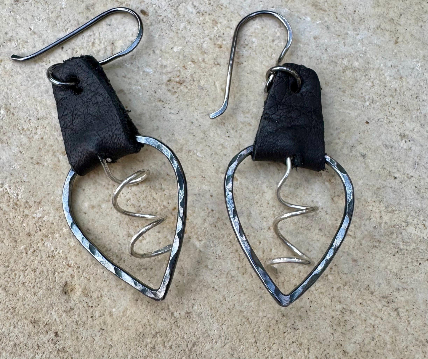 Leather earrings, teardrop hammered style, with sterling spiral dangle / genuine leather earrings