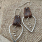 Leather earrings, teardrop hammered style, with sterling spiral dangle / genuine leather earrings