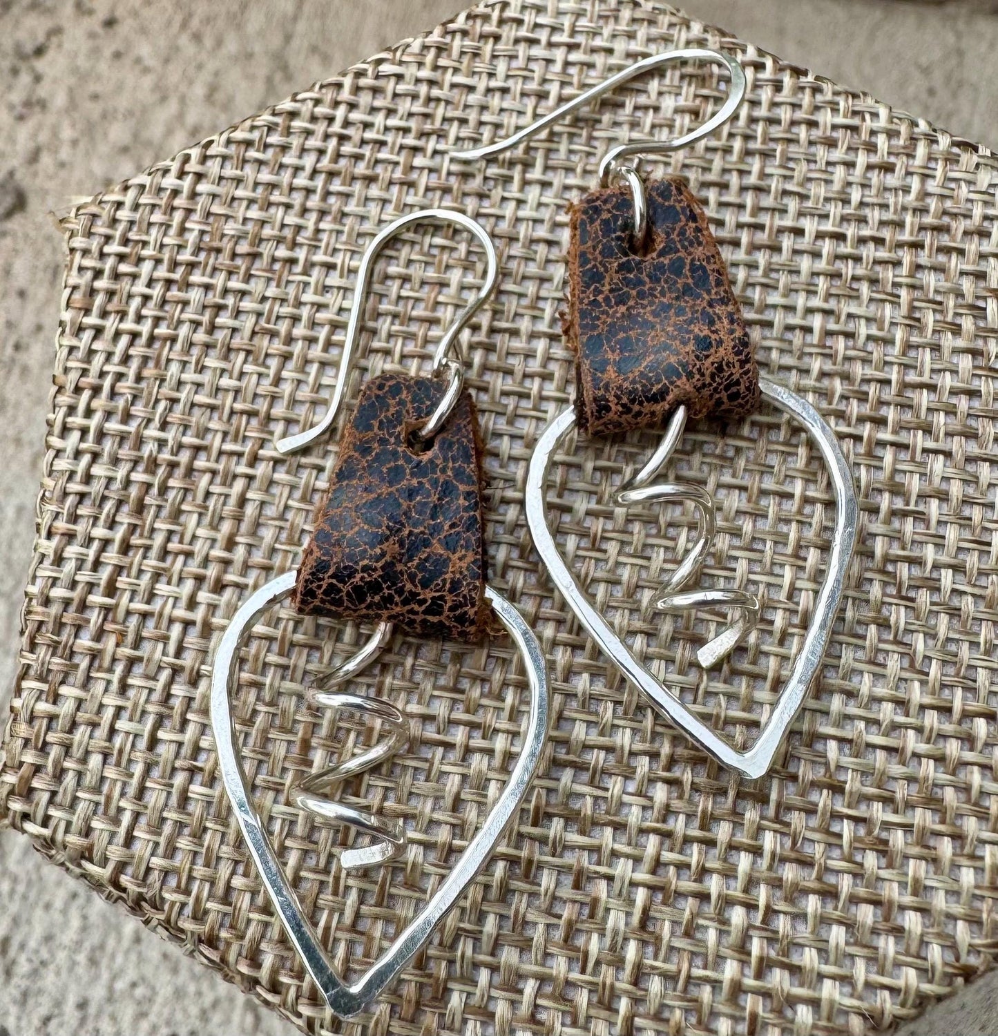 Leather earrings, teardrop hammered style, with sterling spiral dangle / genuine leather earrings