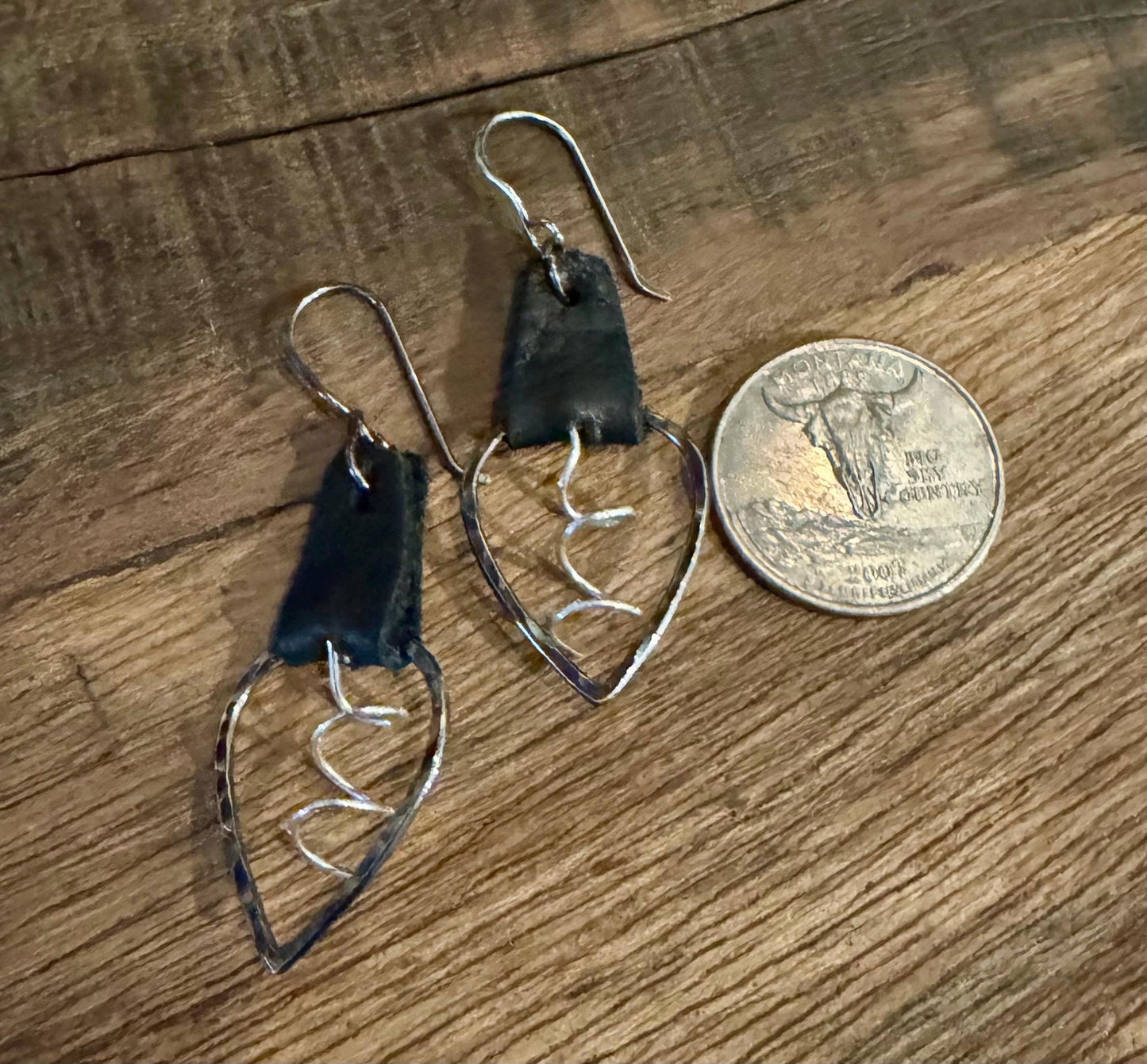 Leather earrings, teardrop hammered style, with sterling spiral dangle / genuine leather earrings
