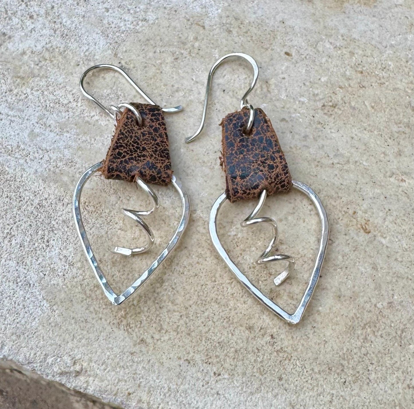Leather earrings, teardrop hammered style, with sterling spiral dangle / genuine leather earrings