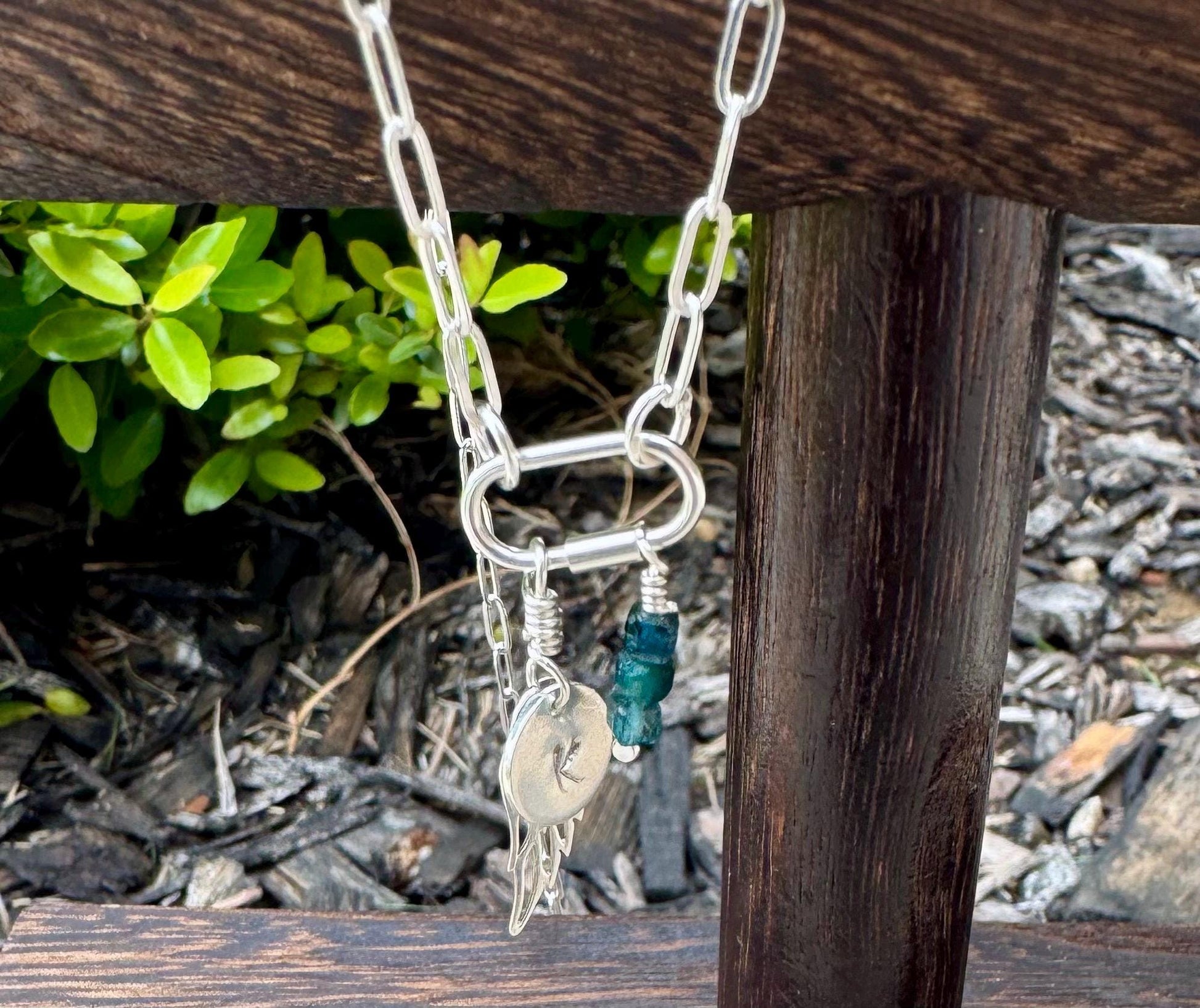 Personalized Sterling Silver Charm Necklace, Paperclip Chain Necklace with Charms and Gemstone, Carabiner necklace, Personalized Gift