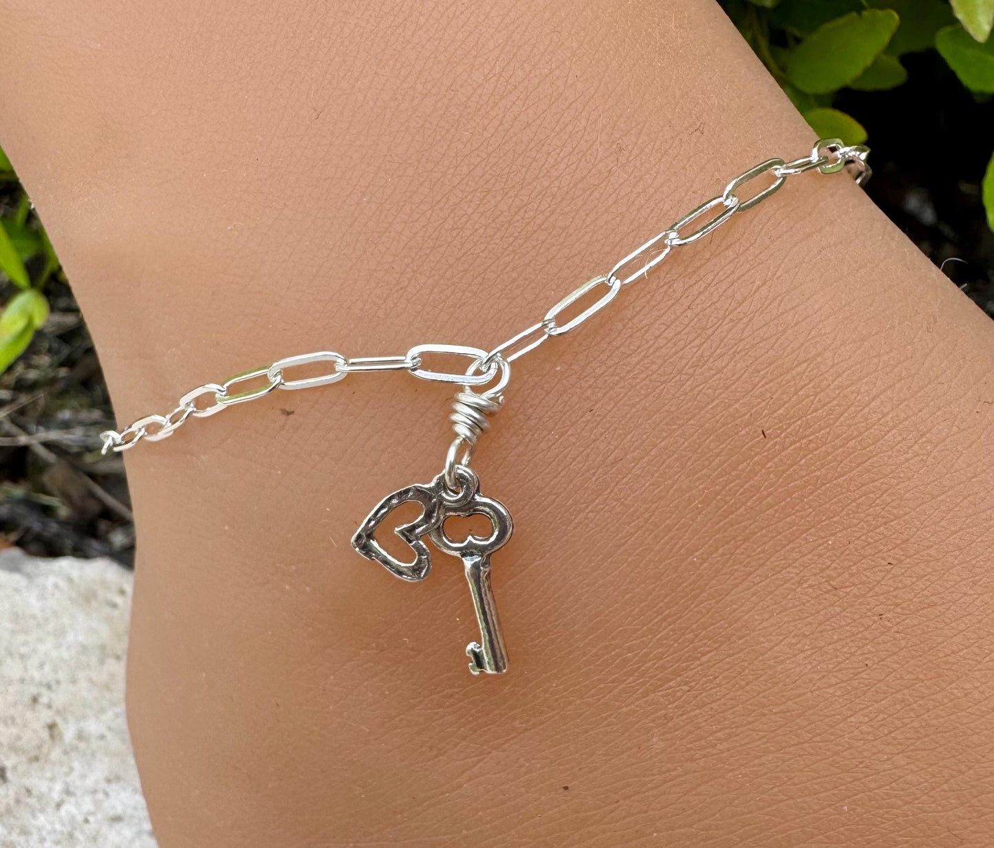 Charm Anklet Sterling Silver, Paperclip Chain Ankle Bracelet, Gemstone Ankle Jewelry, Women's Silver Anklet