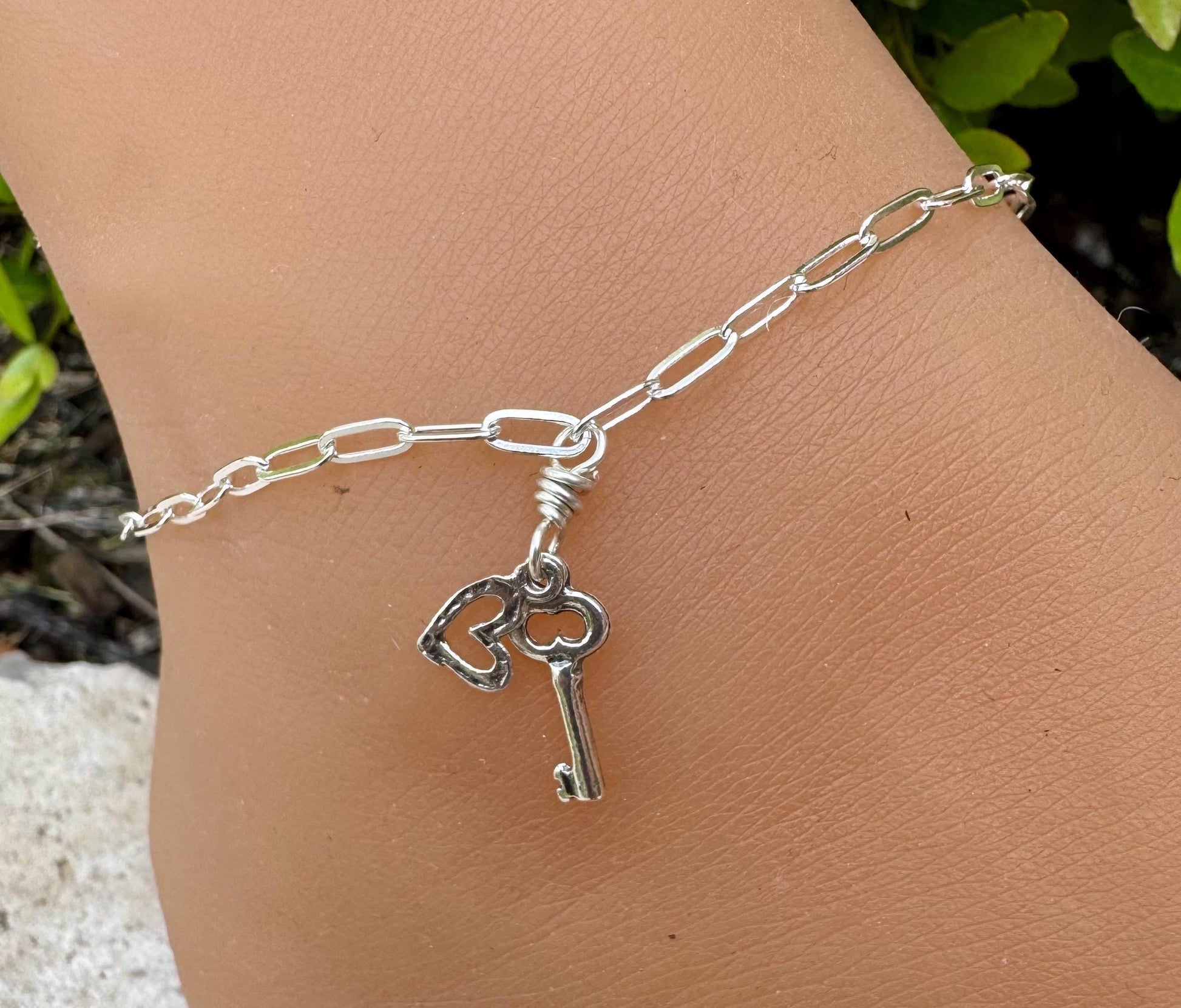Charm Anklet Sterling Silver, Paperclip Chain Ankle Bracelet, Gemstone Ankle Jewelry, Women's Silver Anklet