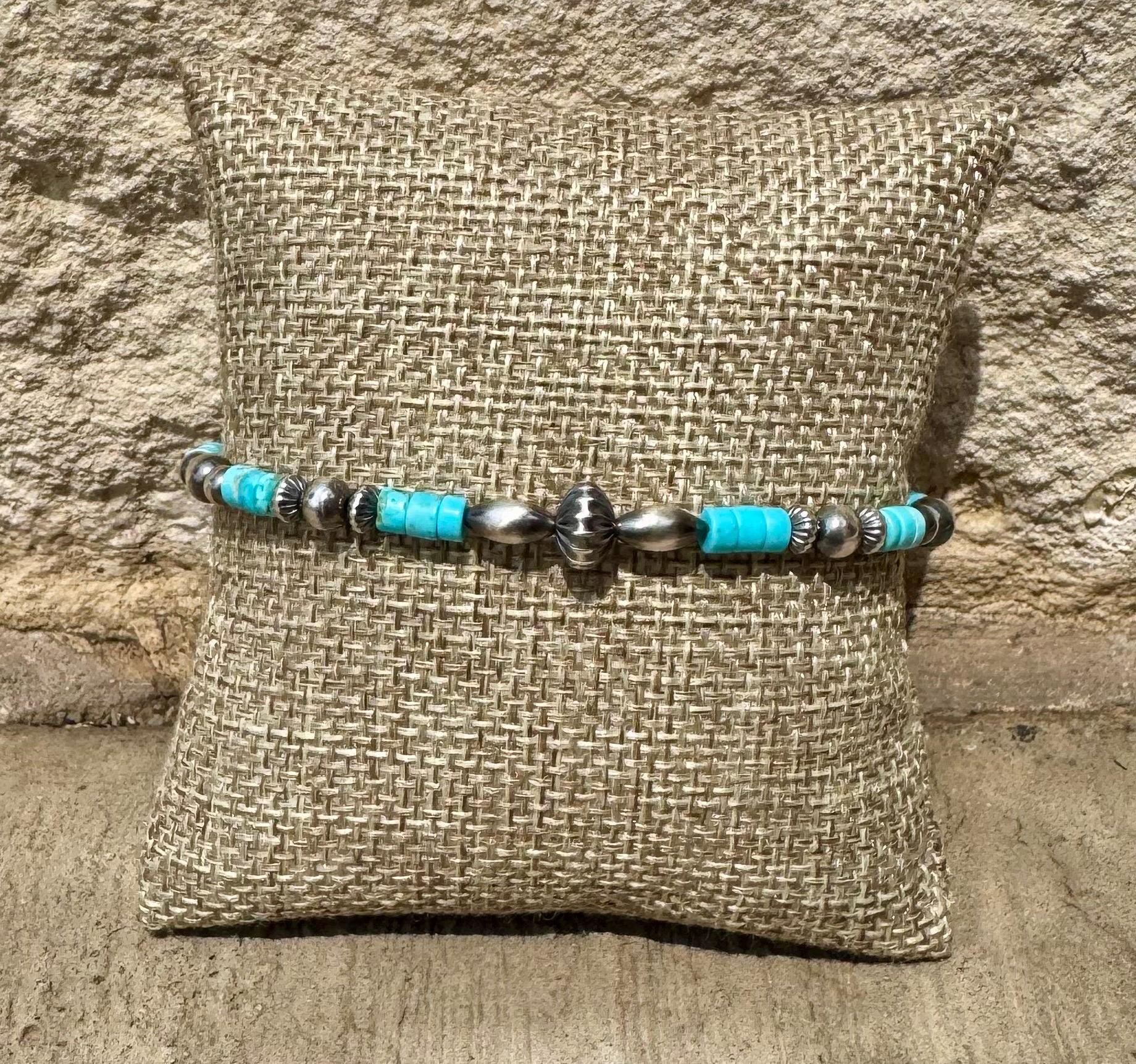 Turquoise Navajo pearl torpedo bracelet / beaded gemstone sterling silver bracelet