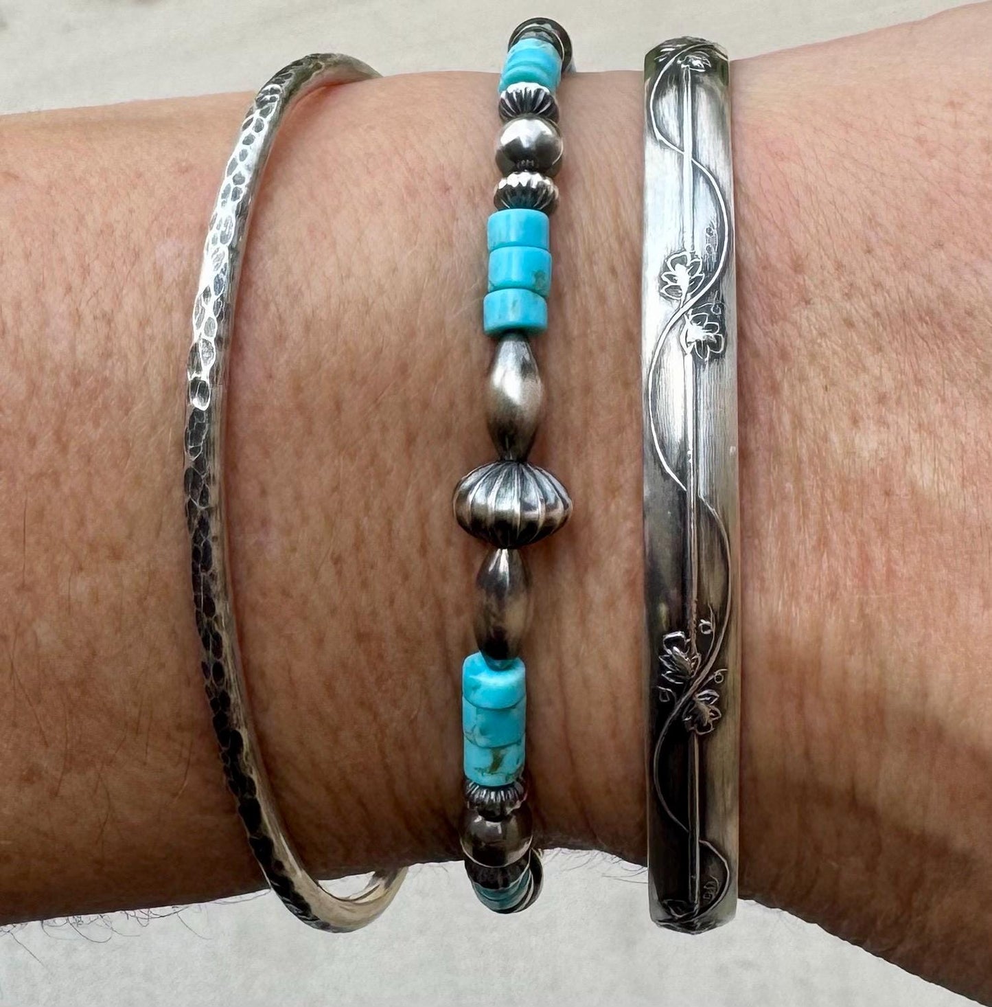 Turquoise Navajo pearl torpedo bracelet / beaded gemstone sterling silver bracelet