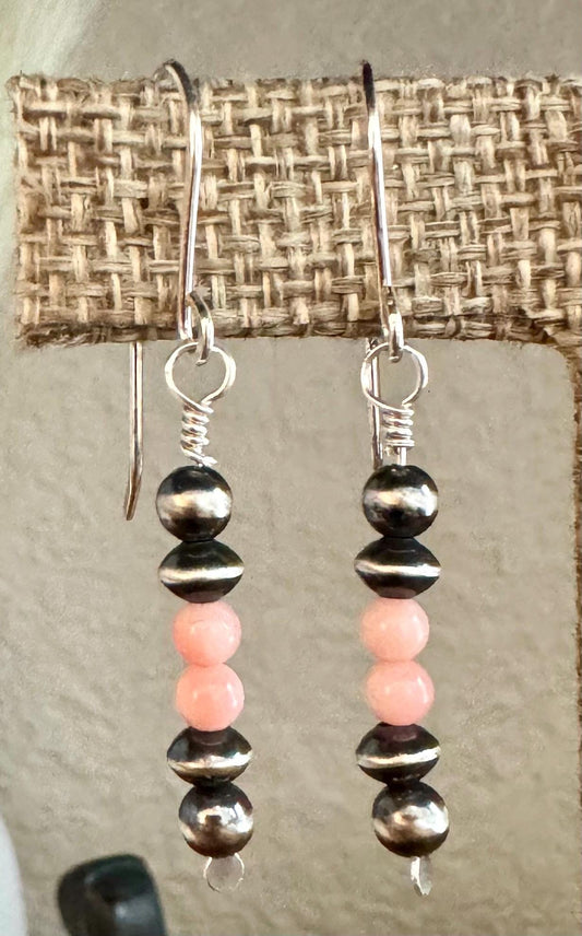 Navajo pearls with angel skin pink coral dangle drop earrings / tiny sterling silver drop earrings
