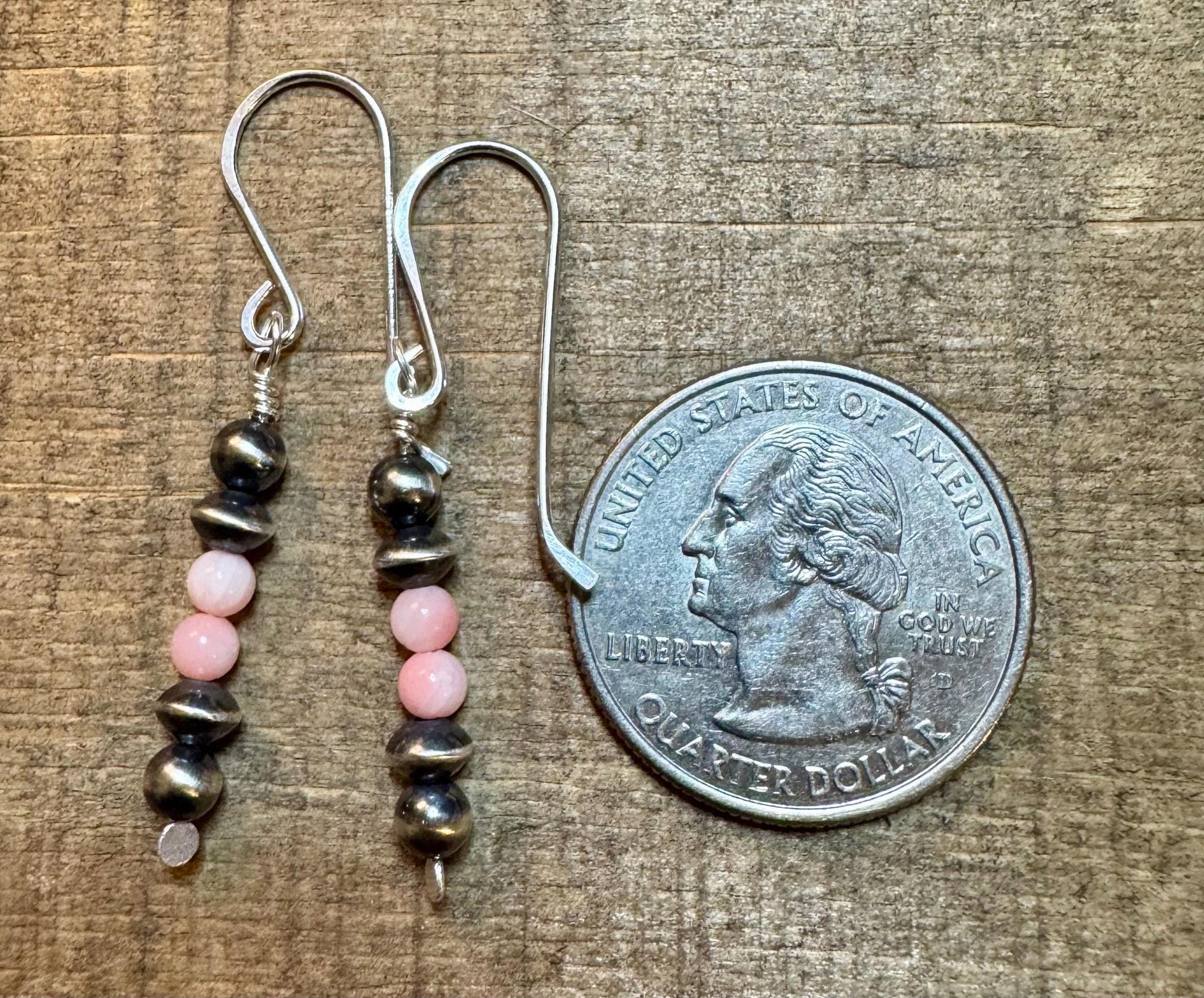 Navajo pearls with angel skin pink coral dangle drop earrings / tiny sterling silver drop earrings