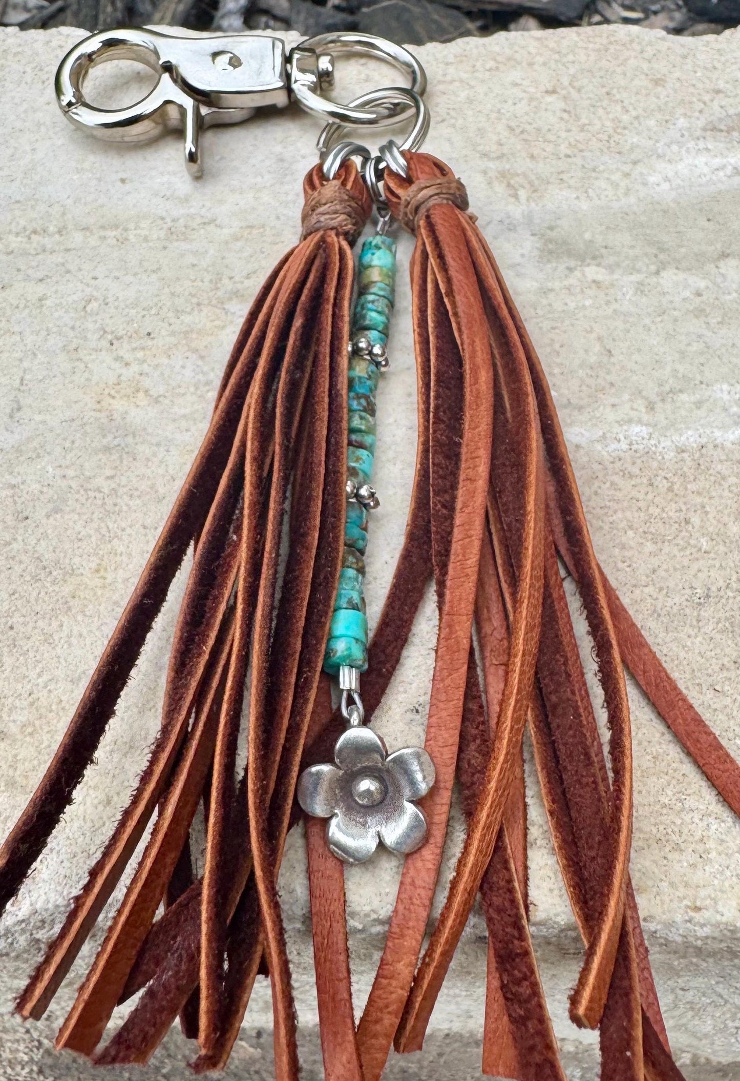 Turquoise and leather purse tassel / keychain handbag tassel