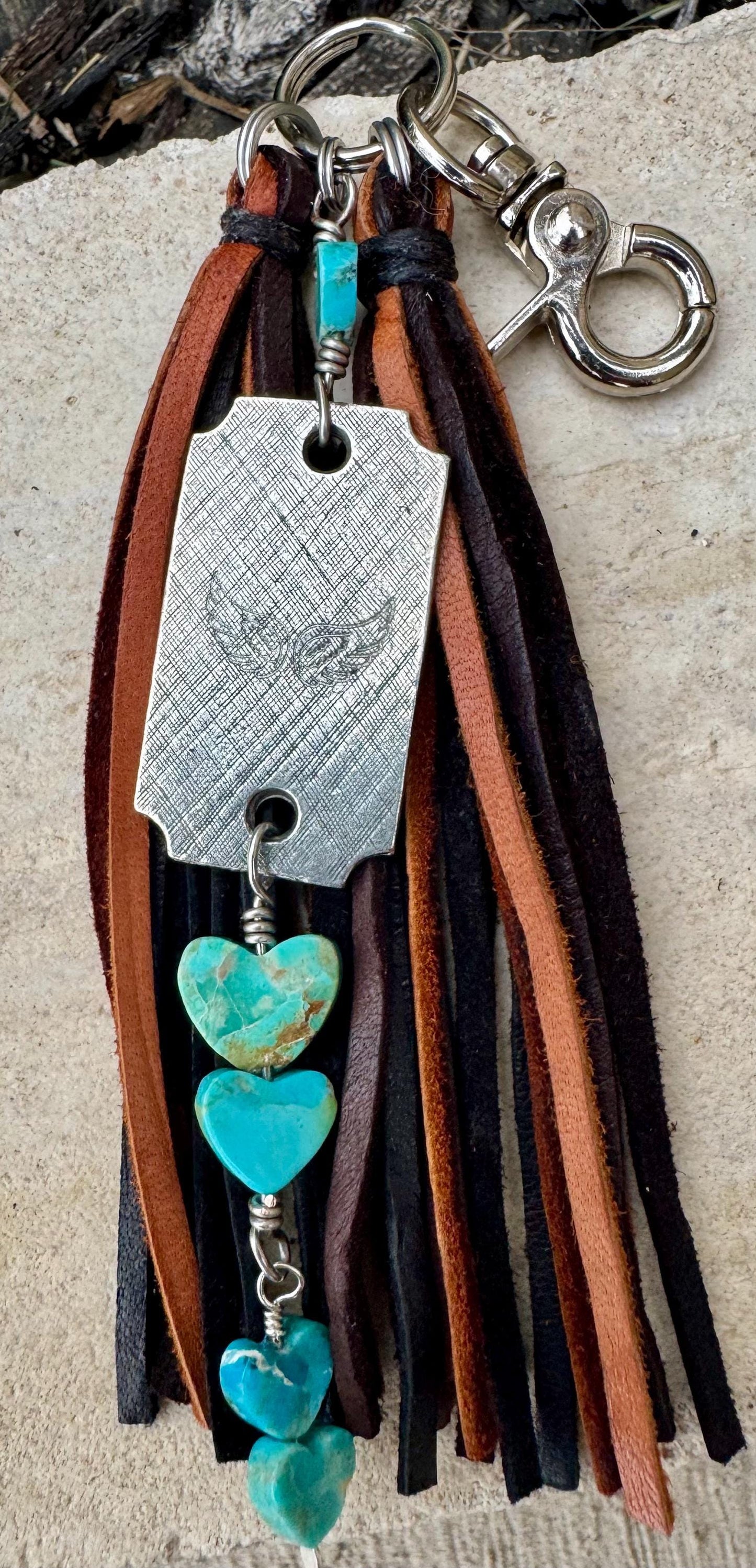 Turquoise and leather purse tassel / keychain handbag tassel / star and heart gemstone tassel