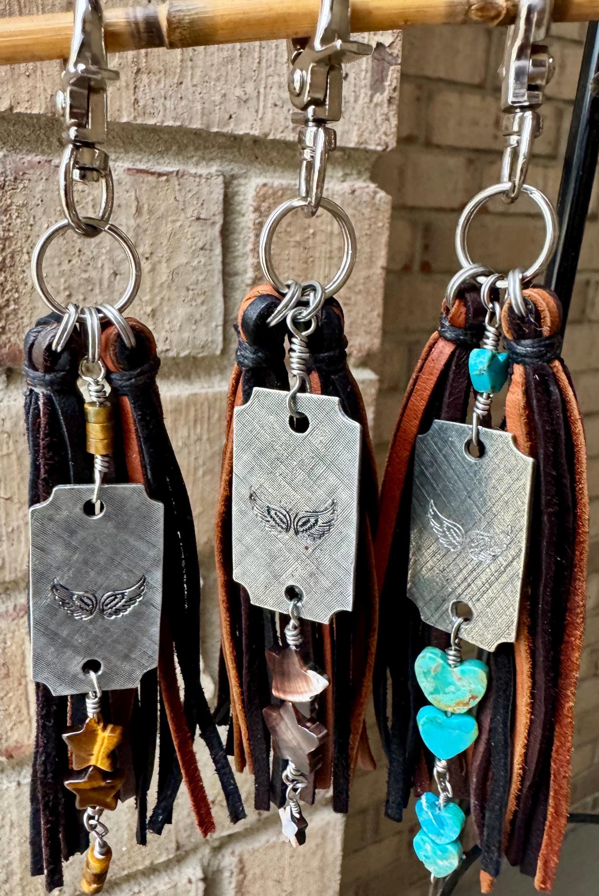 Turquoise and leather purse tassel / keychain handbag tassel / star and heart gemstone tassel